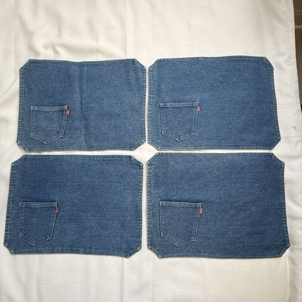 Handmade Blue Denim Placemats With Pockets And Red Barnfly Tag Set Of 4 18”x13”